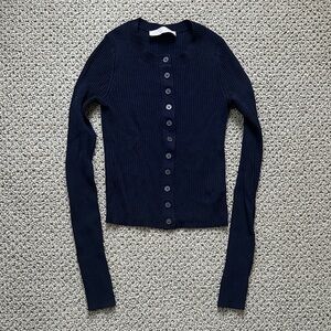 Everlane navy ribbed button down cropped top XXS